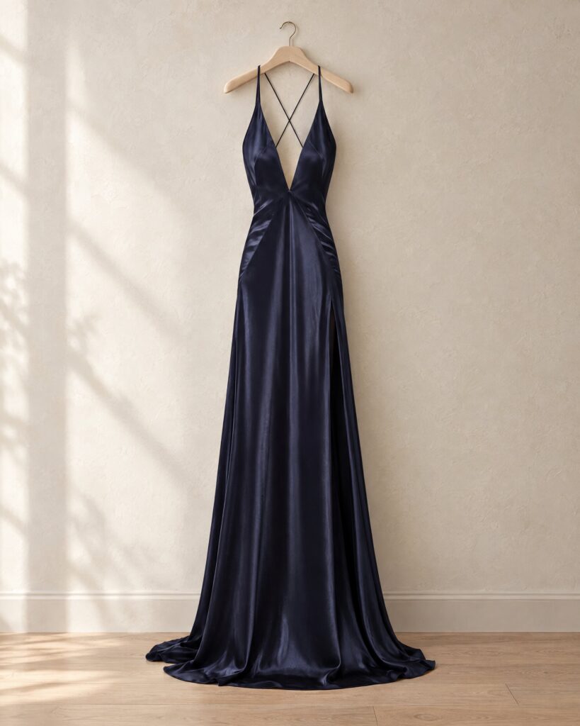 Navy silk-satin Paloma dress from No Time To Die by Michael Lo Sordo, hanging against a plaster wall