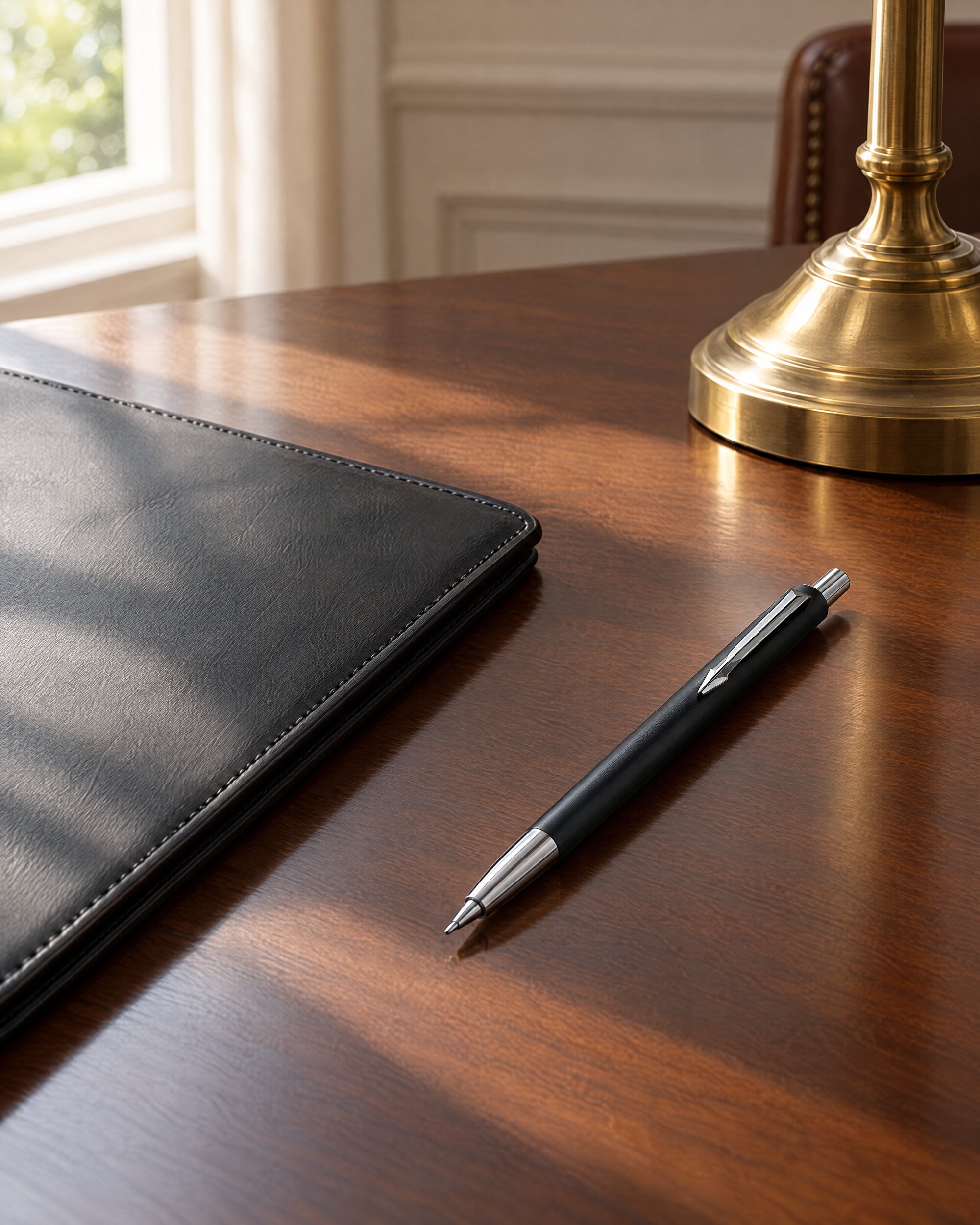 Slim black pen beside a leather folder and brass lamp on a desk