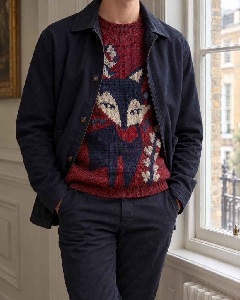 Man in a red and blue patterned sweater under a navy jacket beside a sash window