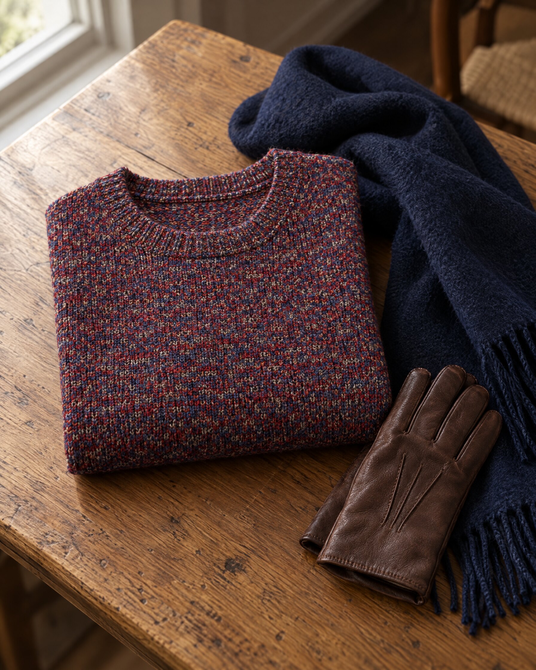 Paul & Joe Lesable sweater in red and blue pattern folded on an oak table with a navy scarf
