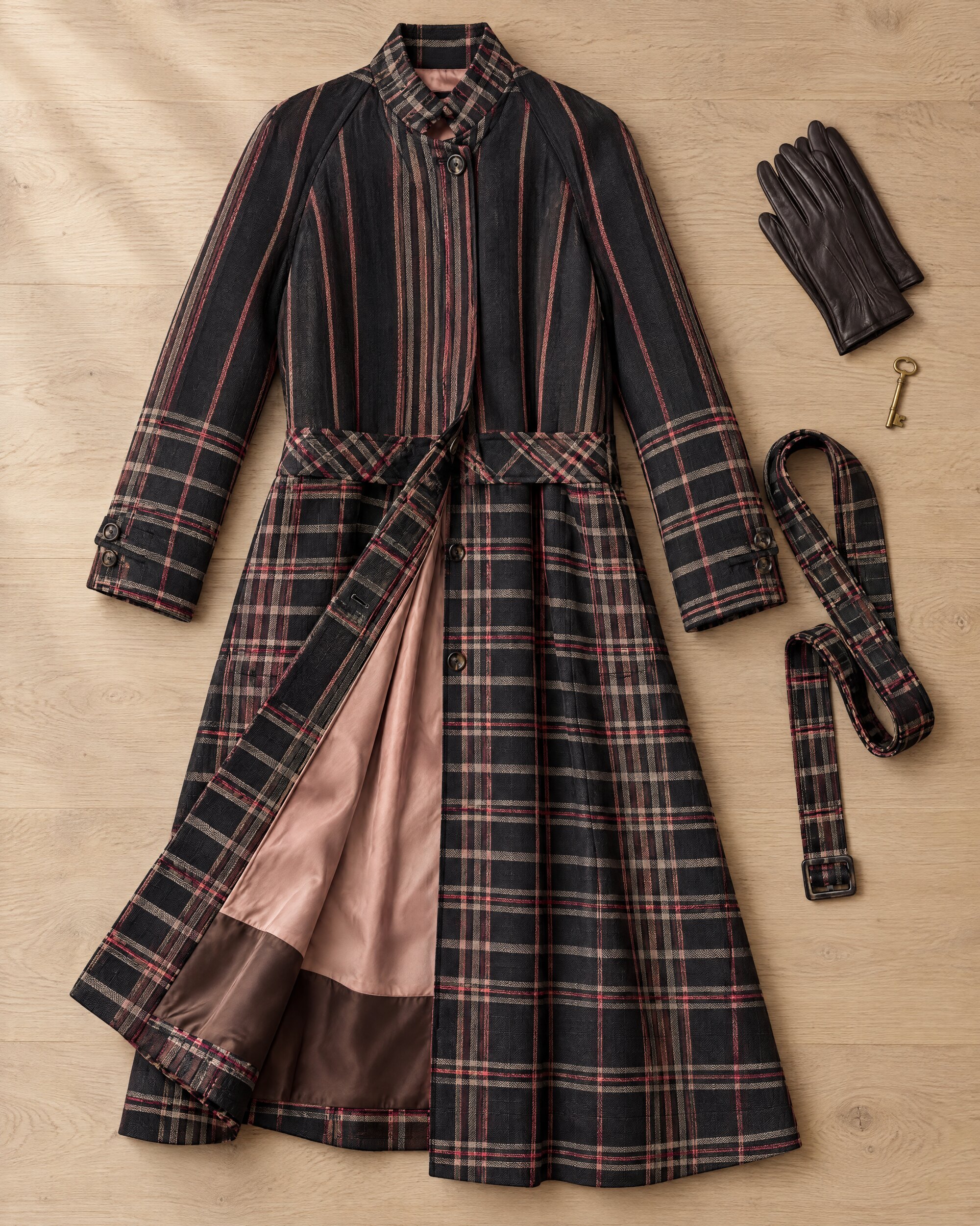 Paul Smith black check mac coat laid open to show the pink and chocolate brown cupro lining