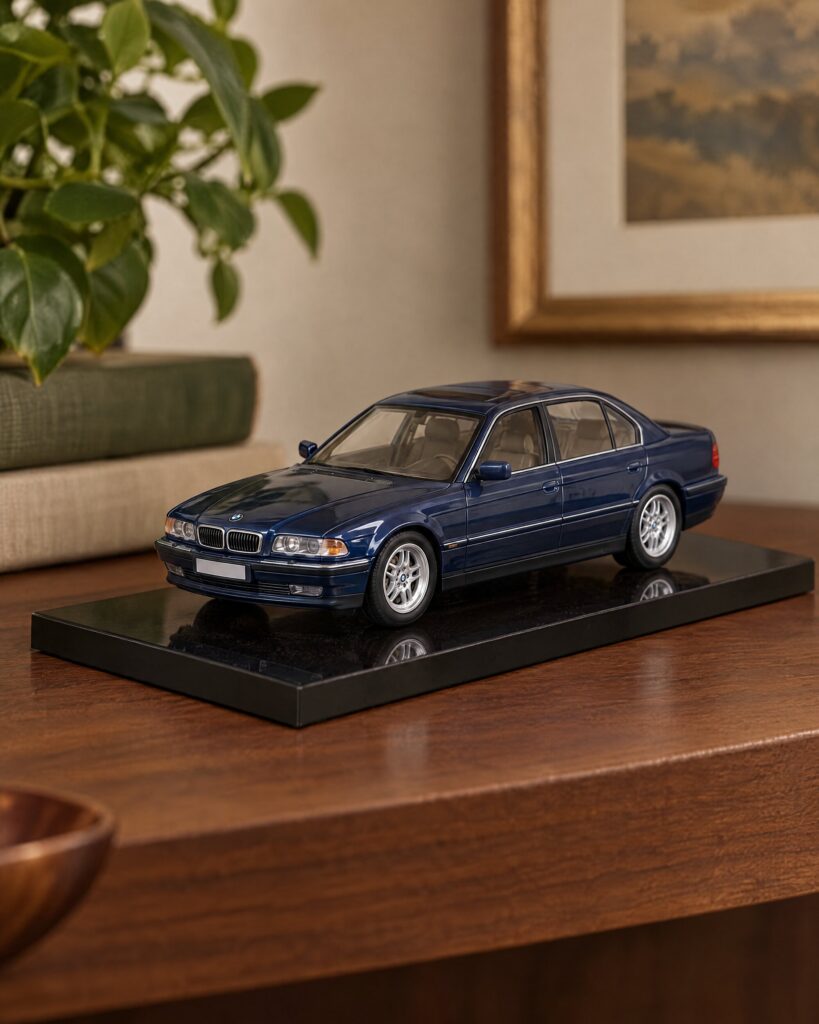 Dark blue BMW 7 Series model car on a black display base