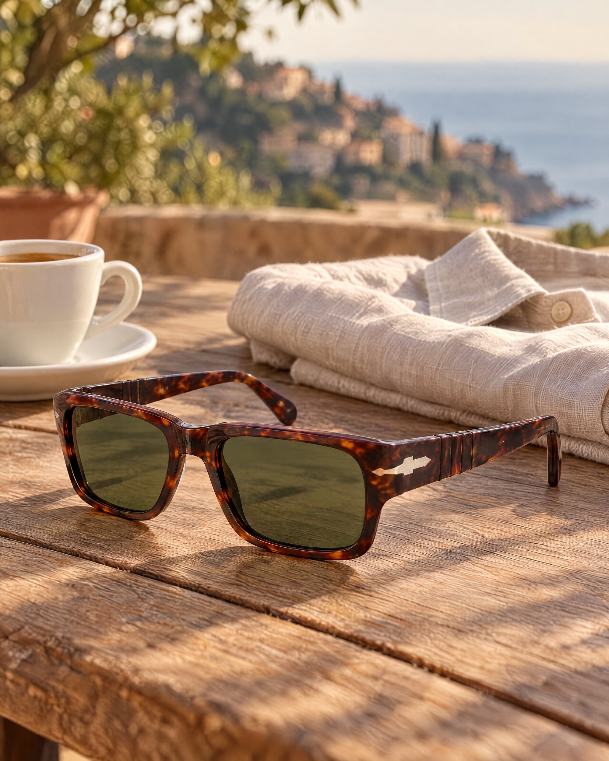 Tortoise and green sunglasses resting on a teak terrace table beside an espresso cup
