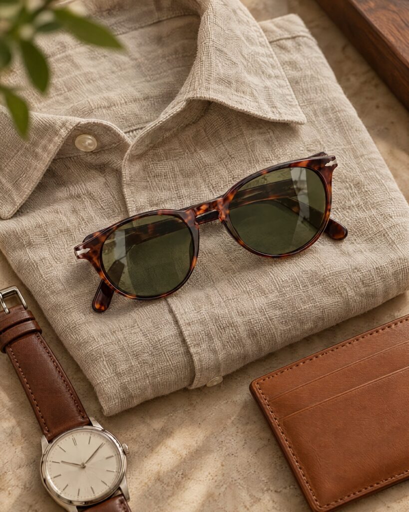 Persol PO3092SM sunglasses in Havana with green lenses on a folded linen shirt