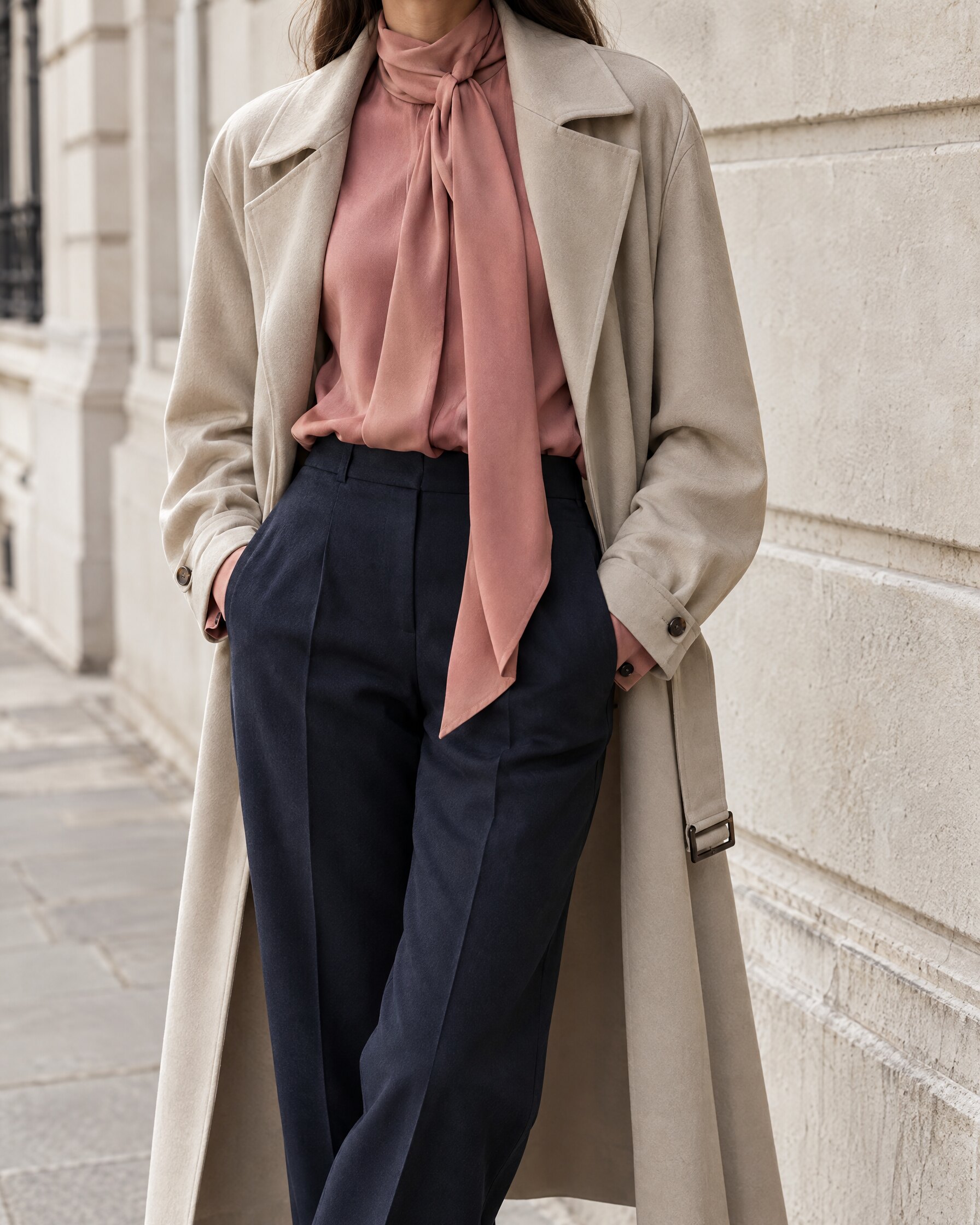 Woman in a rosy pink silk-crepe blouse with tied collar under a stone mac coat, shown from the neck down