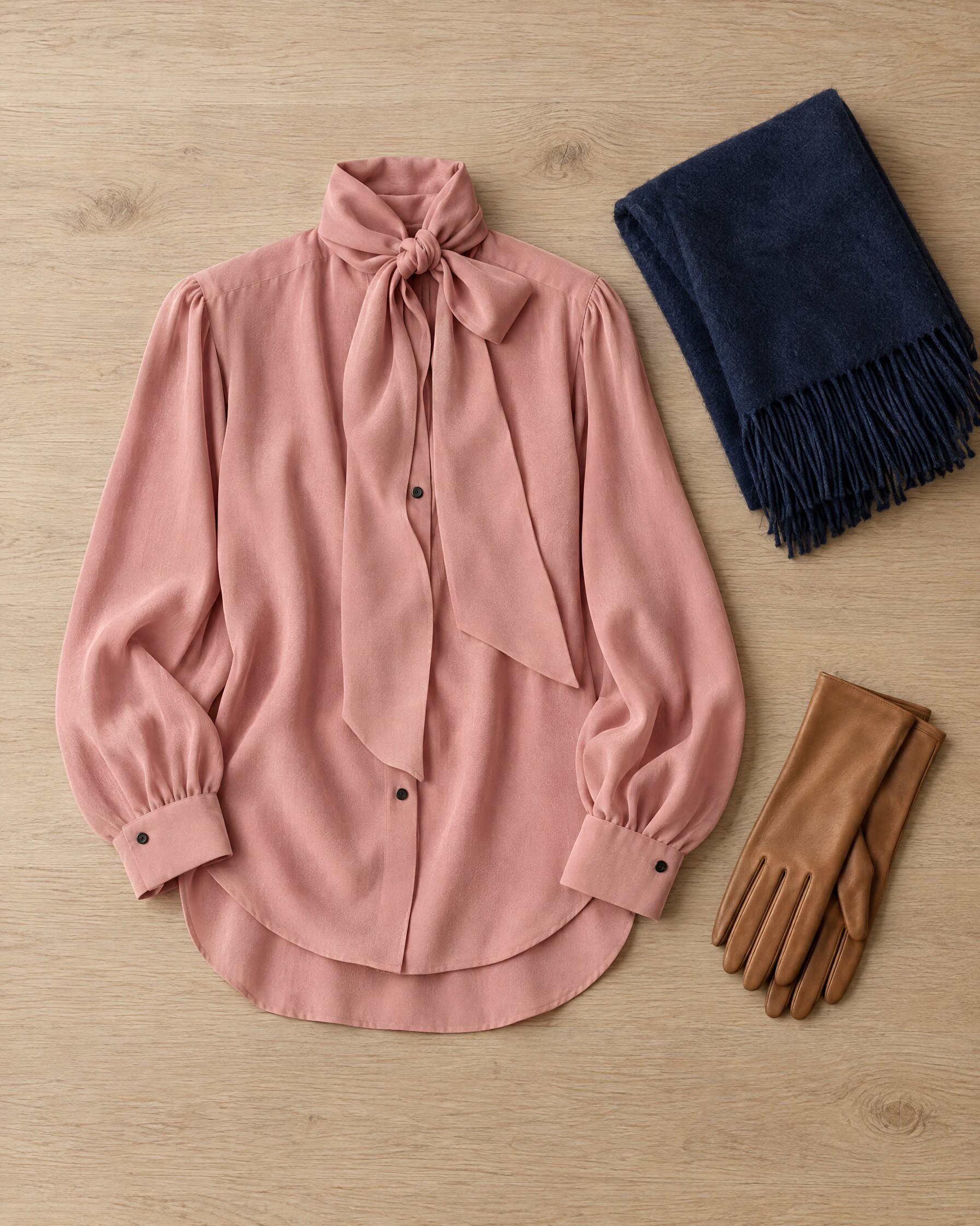 Petar Petrov Blair blouse in rosy pink silk-crepe with a tied collar, laid flat on an oak table