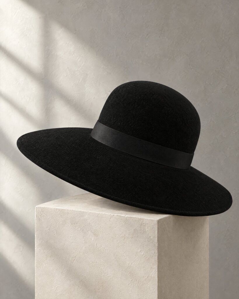 Philip Somerville black hat, oversized wide-brimmed style