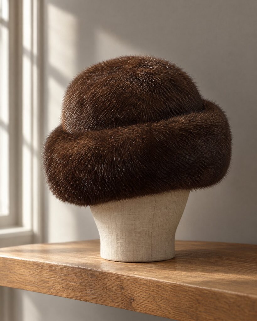 Dark brown fur hat on a linen hat block