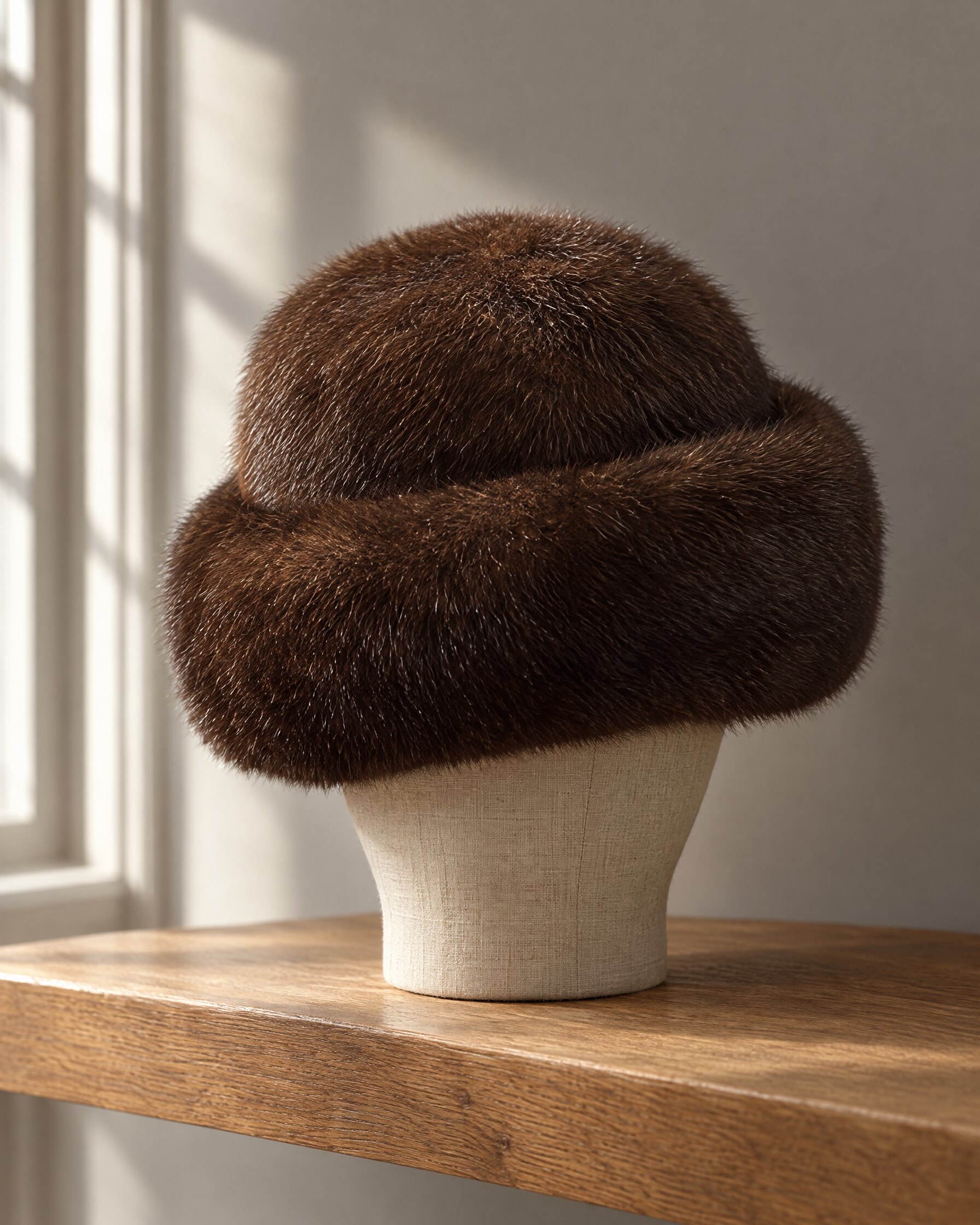 Dark brown fur hat on a linen hat block