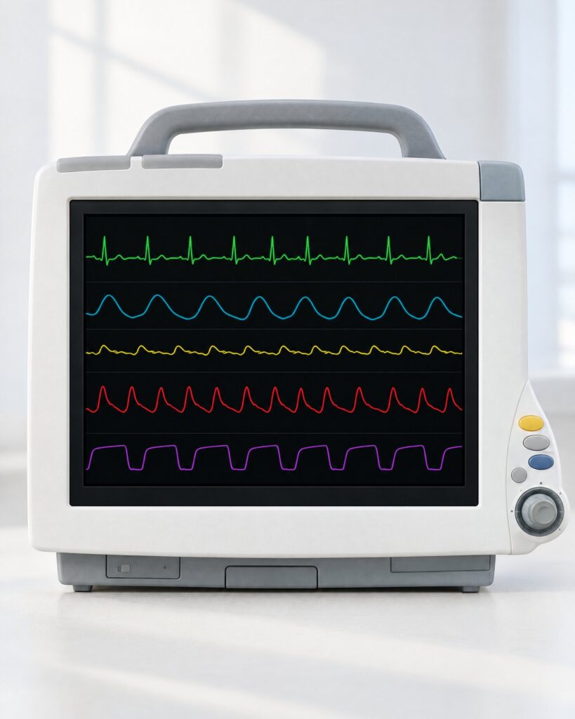 Philips IntelliVue MP60 patient monitor with a 12 inch colour screen and carrying handle