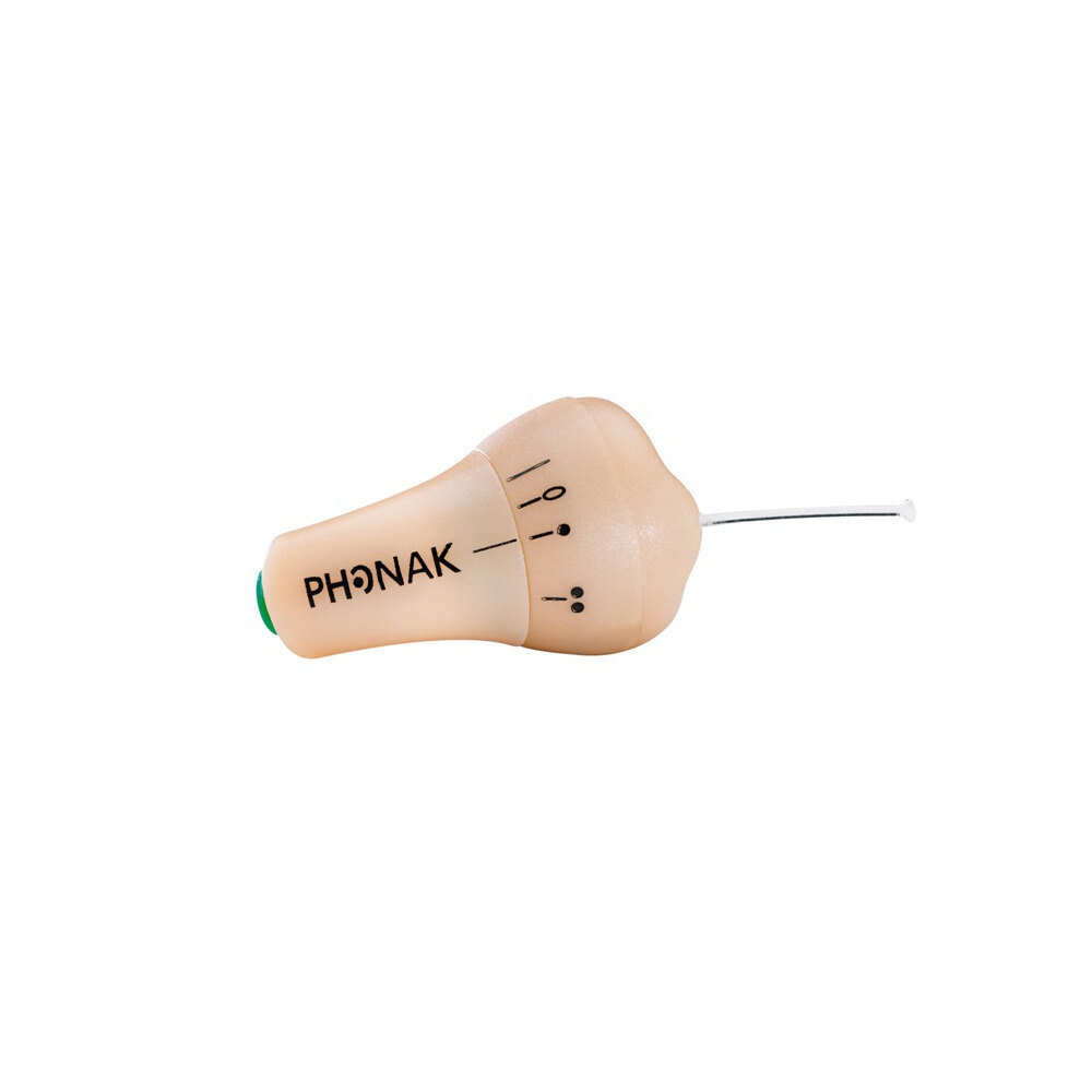 Phonak Invisity Flex style miniature earpiece in an open palm