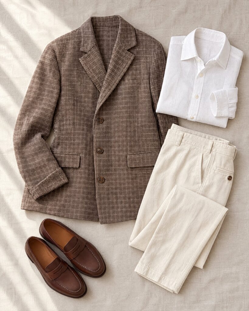 Pied a Terre brown check jacket style cotton-linen jacket with white shirt and loafers