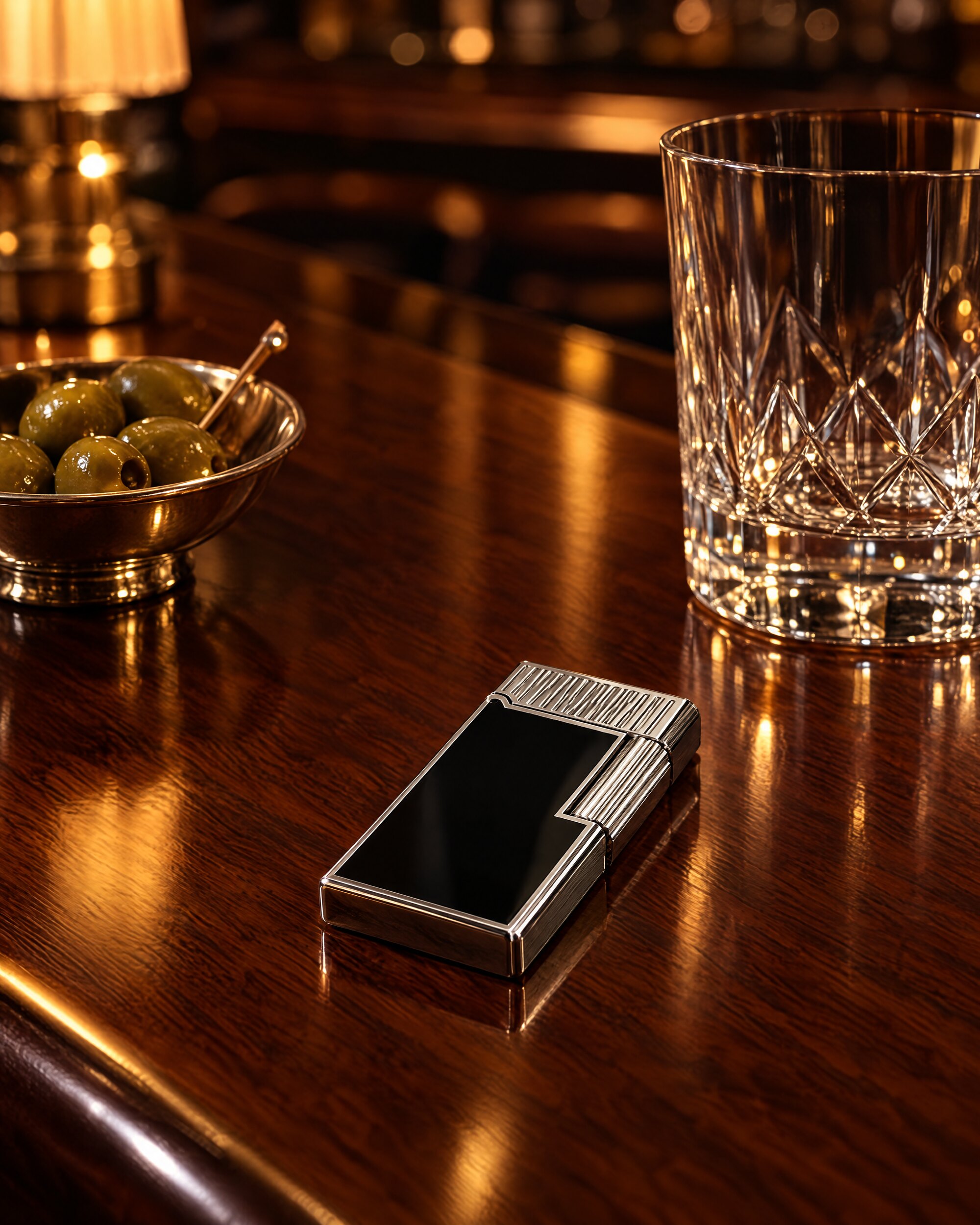 Black lacquer and chrome lighter on a polished hotel bar beside a tumbler