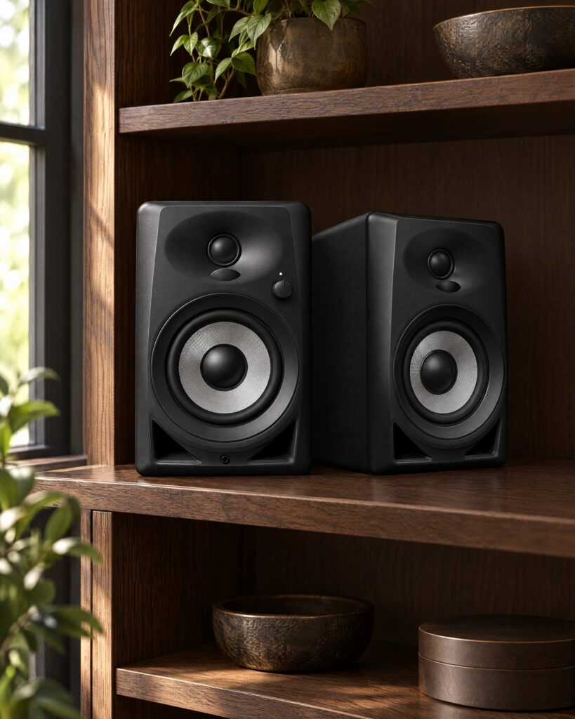 Pioneer DJ DM-40 speakers, a black pair of 4-inch desktop monitors on an oak shelf