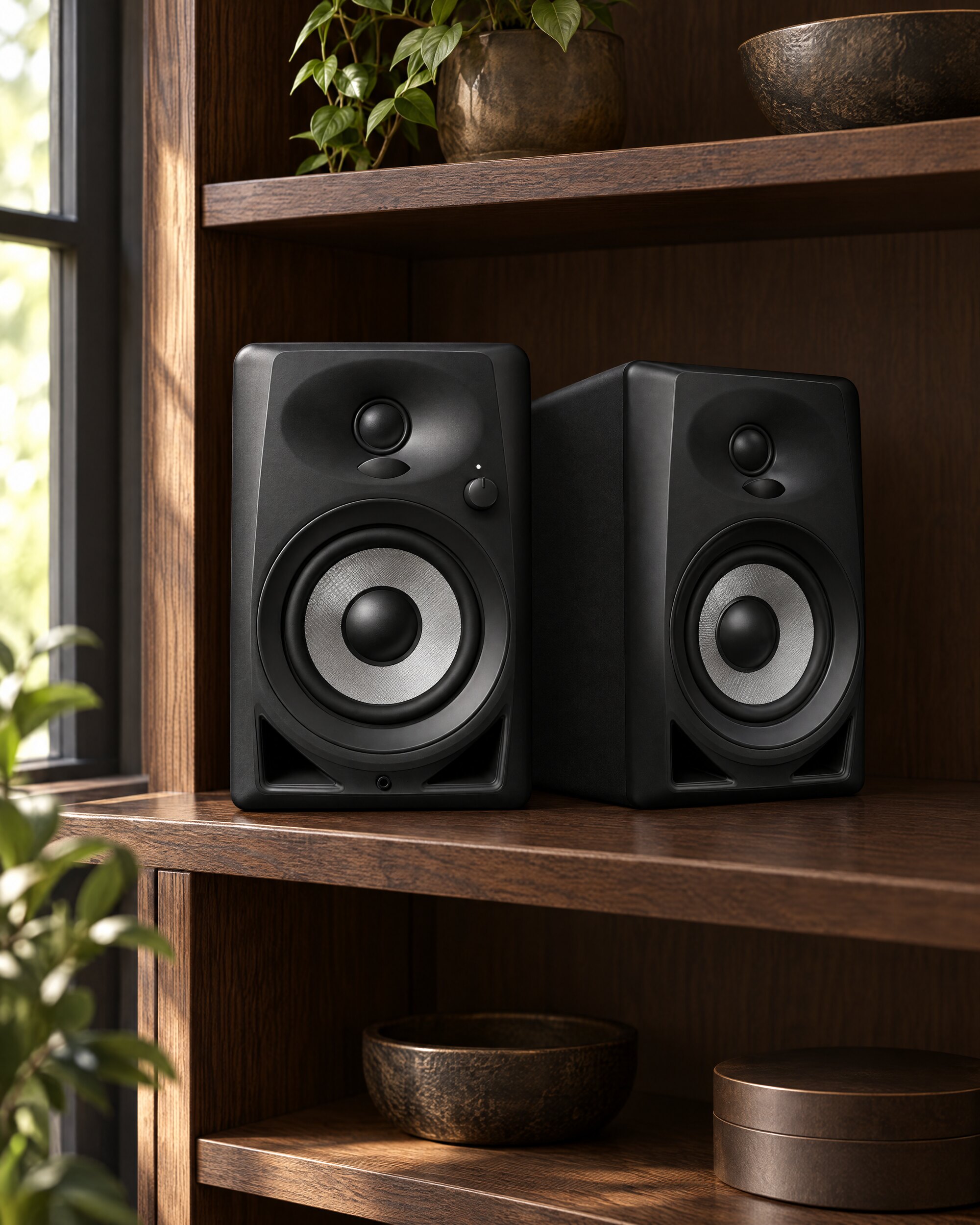 Pioneer DJ DM-40 speakers, a black pair of 4-inch desktop monitors on an oak shelf