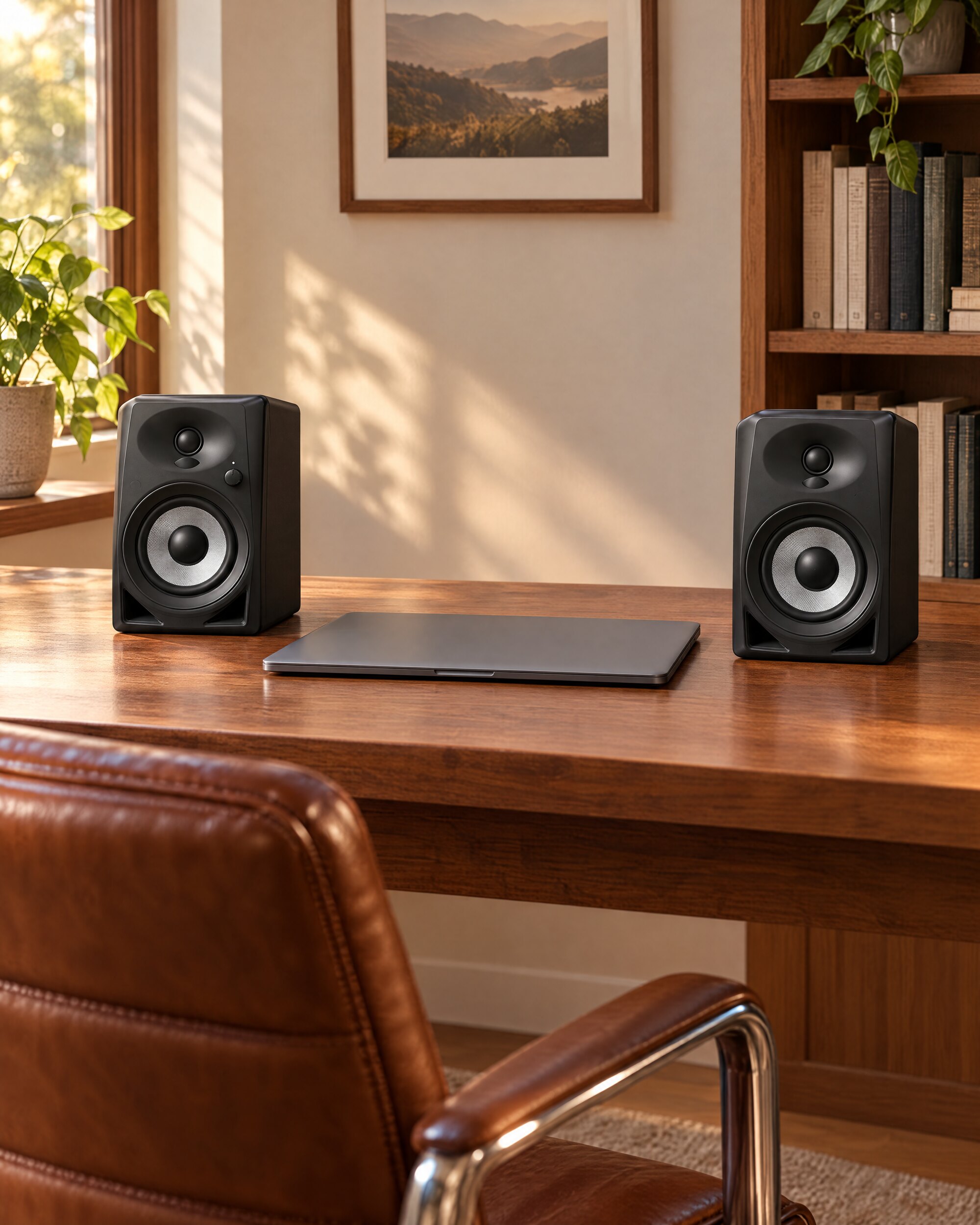 Small black desktop monitor speakers either side of a laptop on a wooden desk