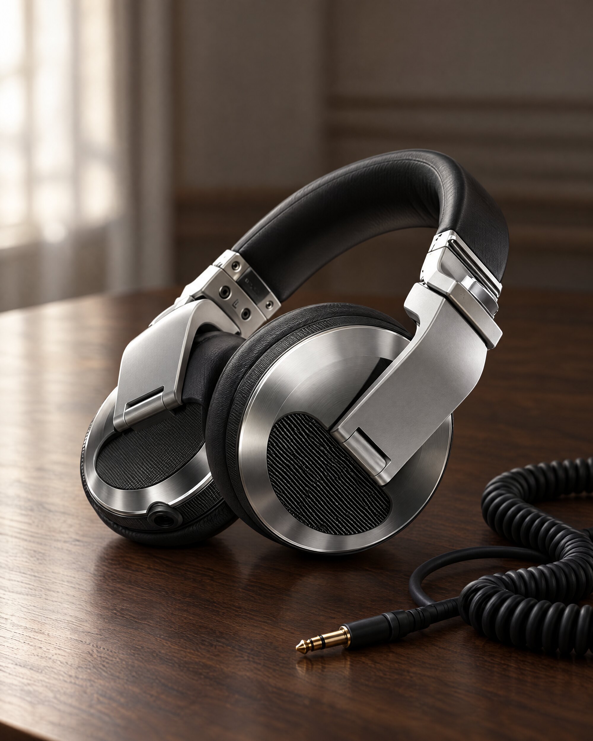 Pioneer DJ HDJ-X10-S headphones in silver on a dark walnut surface