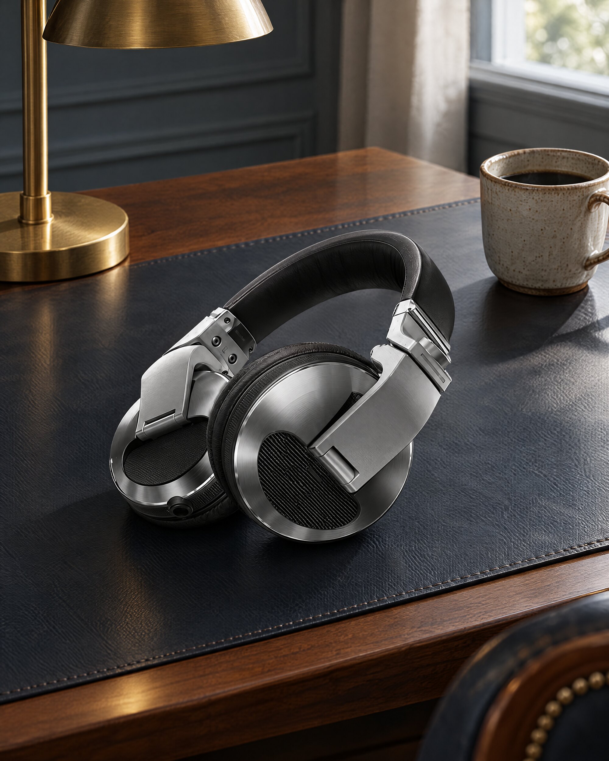 Silver over-ear DJ headphones resting on a leather desk mat beside a brass lamp in soft daylight