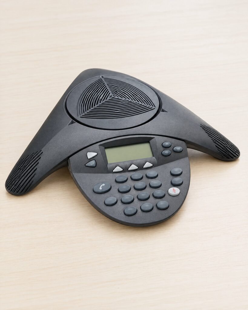 Table-top analogue conference phone on a pale desk