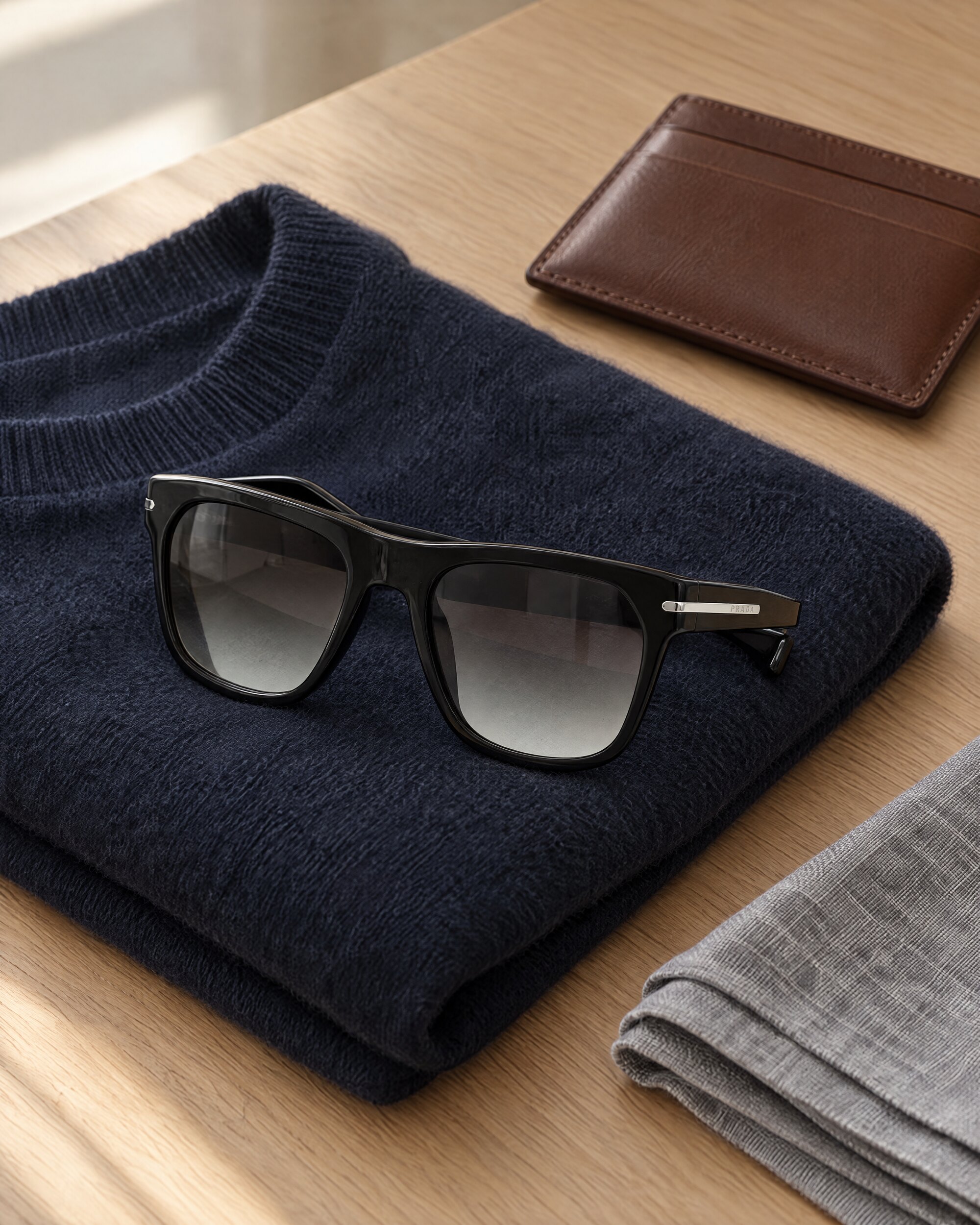 Prada PR03RS sunglasses in black with grey gradient lenses, laid flat on a navy cashmere jumper