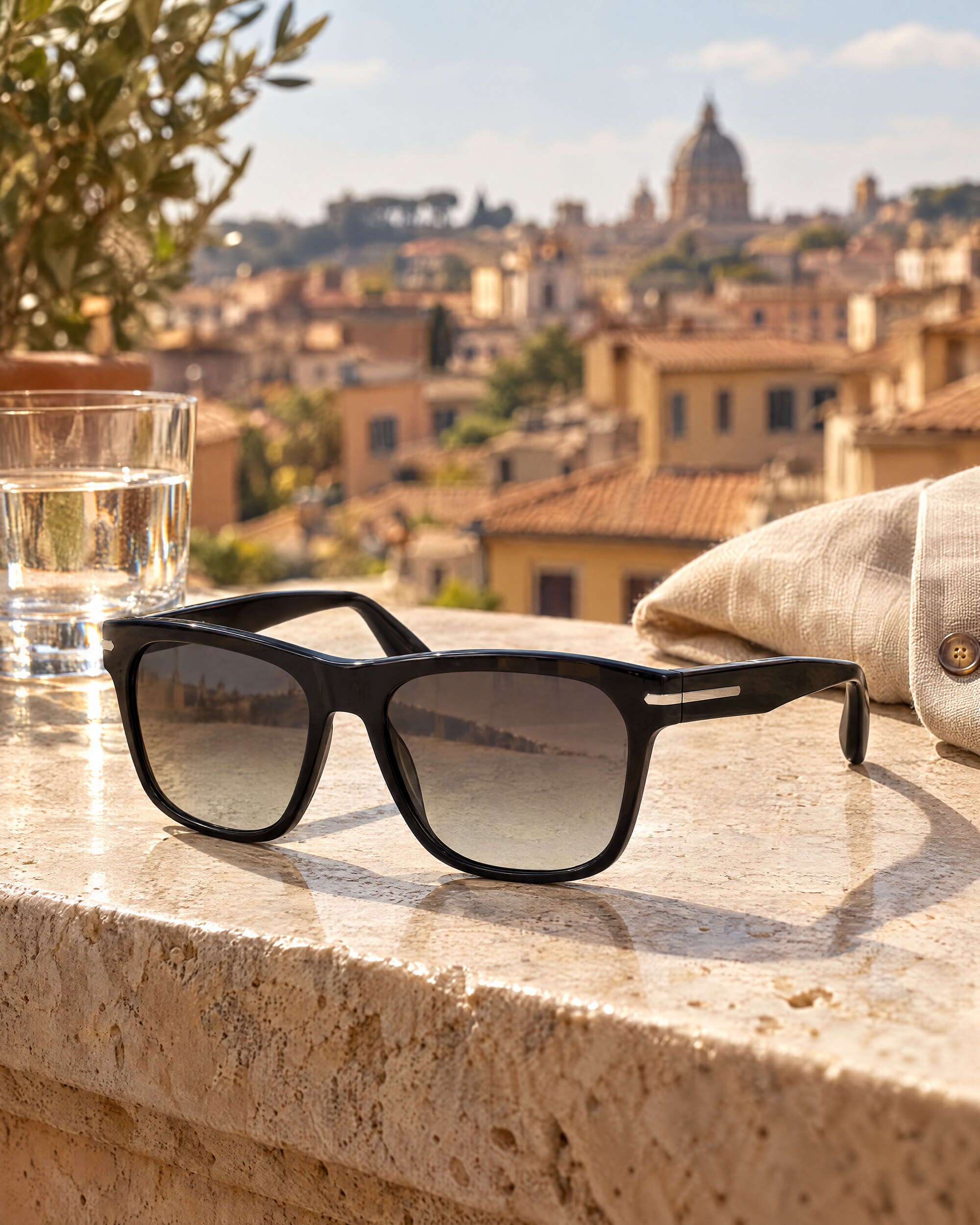 Black square sunglasses with grey gradient lenses resting on a sunlit stone terrace ledge in Rome