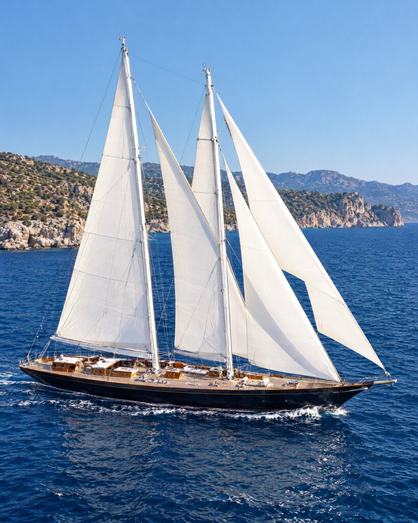 Pruva Regina schooner yacht under sail off the Turkish coast