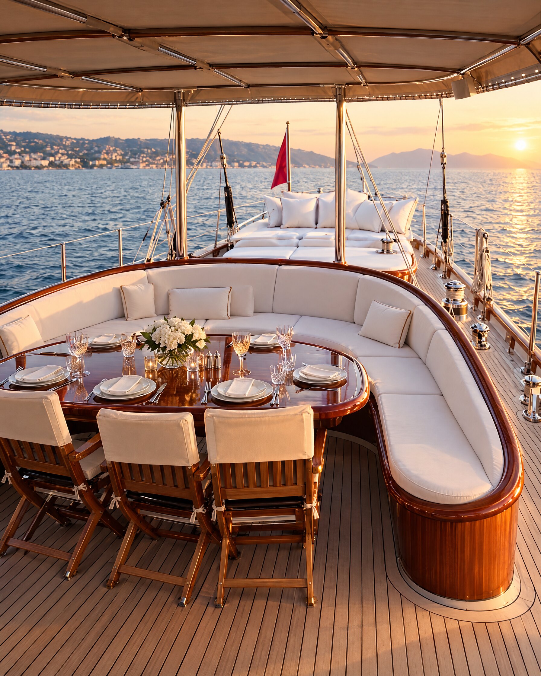 Aft deck dining area of a schooner yacht with mahogany trim at dusk