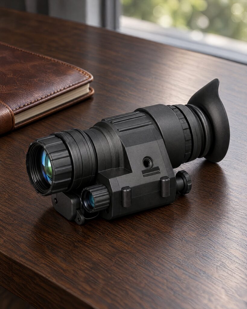 Pysis night vision monocular style compact black digital monocular on an oak desk