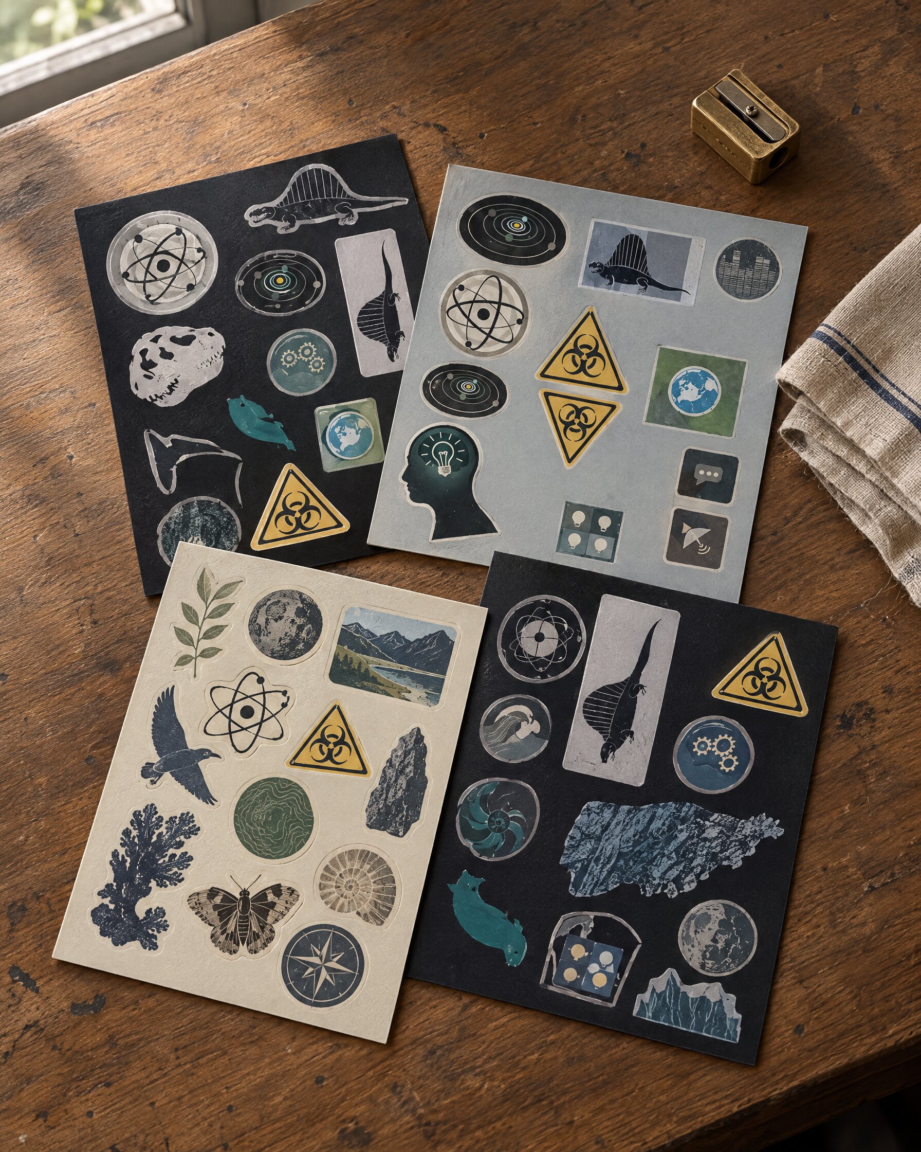 Q laptop stickers from the 007 Store, four sheets of colourful die-cut stickers fanned on an oak desk