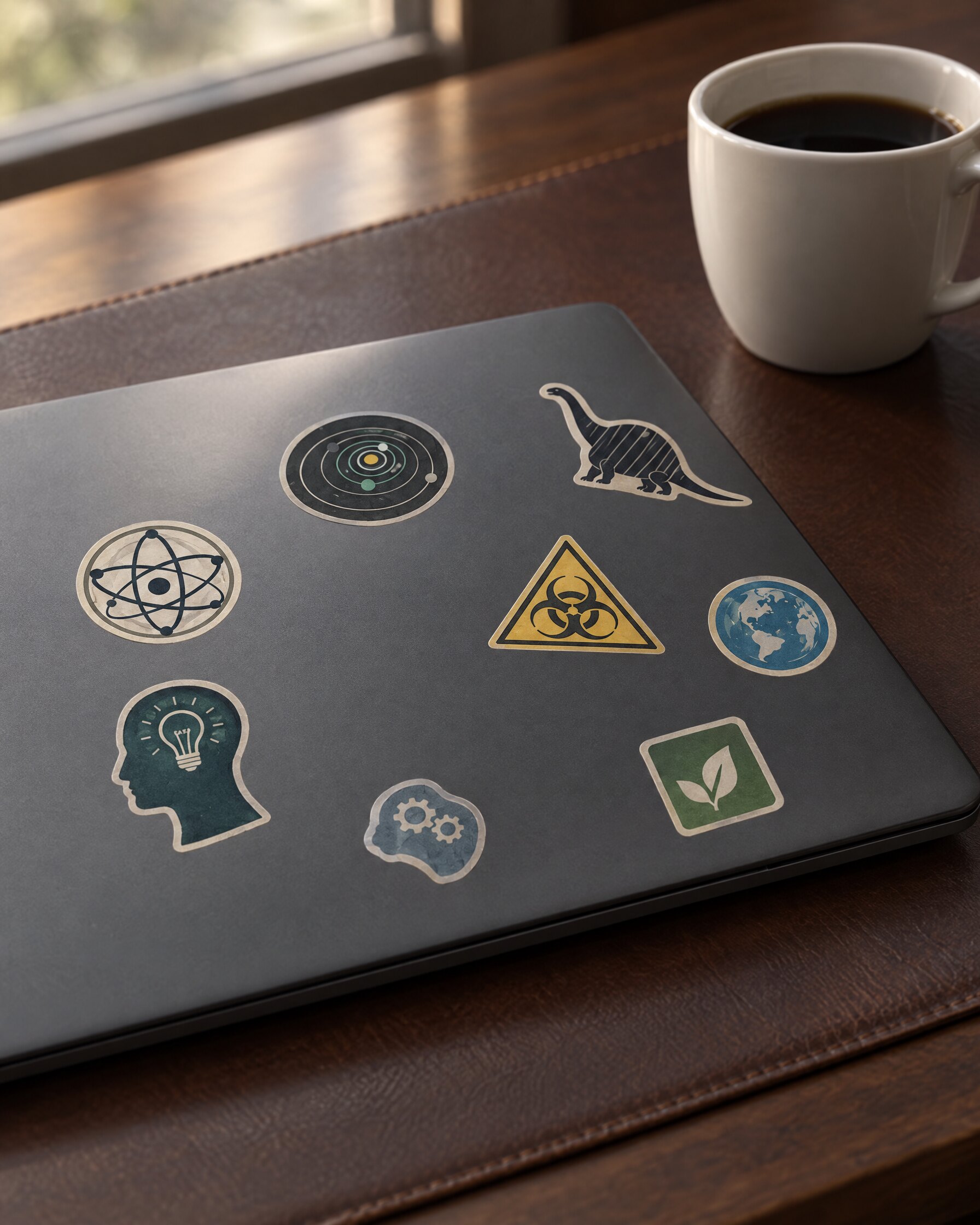 Corner of a matte graphite laptop lid with a handful of Spectre-inspired stickers, beside a plain white coffee cup