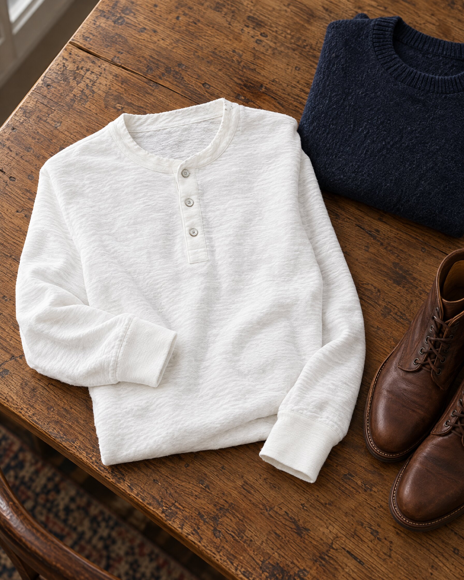White Rag & Bone Classic Henley long-sleeve shirt folded on an oak table beside a navy sweater