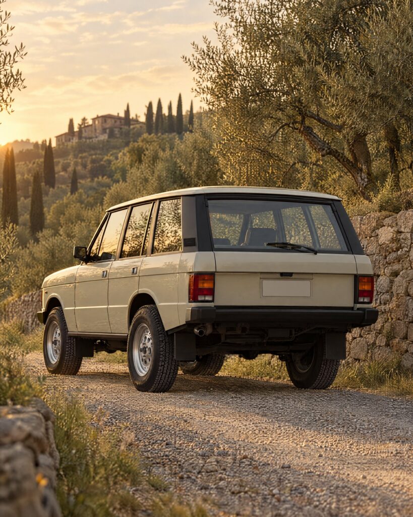 Range Rover Classic No Time To Die model in stone colour parked on an Italian hillside lane