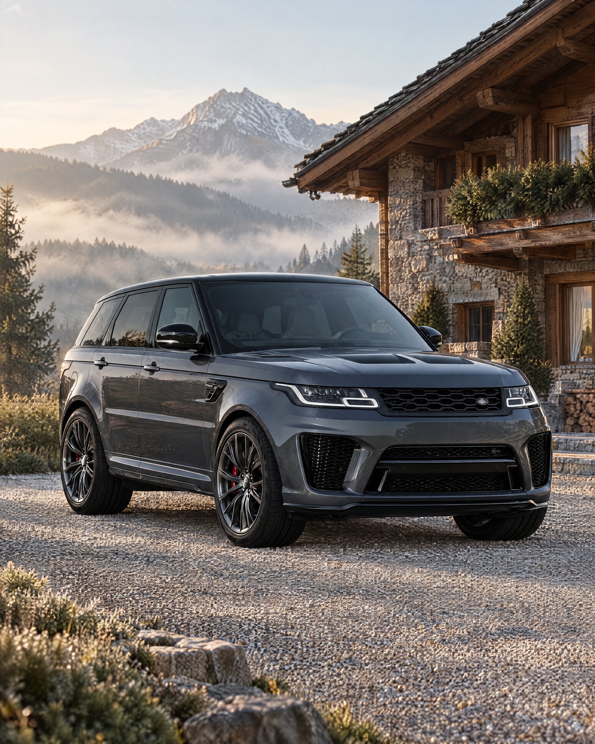 Range Rover Sport SVR Spectre SUV parked on a gravel drive outside an Alpine chalet in morning light