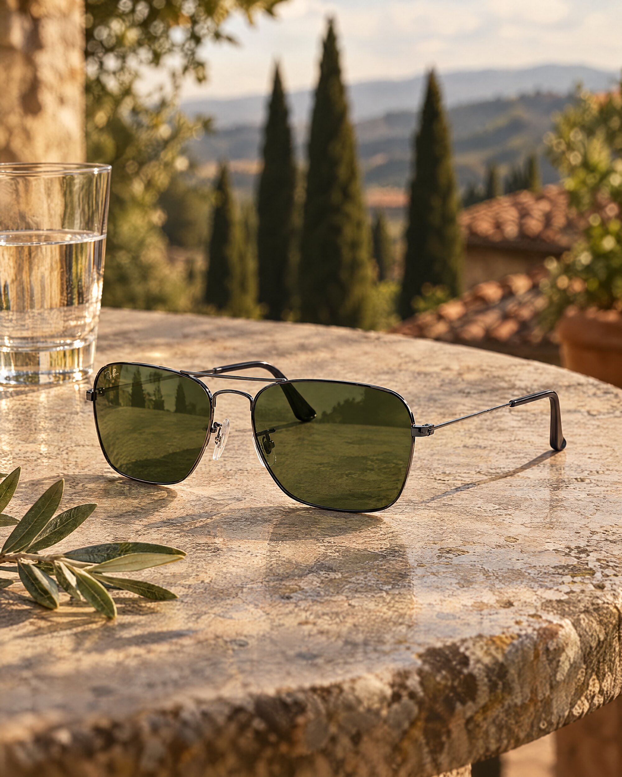 Gunmetal Caravan sunglasses on a stone table on a Tuscan terrace beside a glass of water