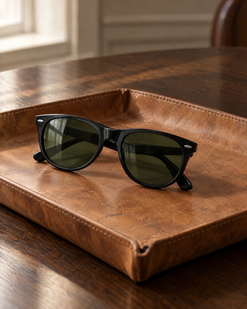 Ray-Ban Wayfarer II sunglasses in black acetate with green lenses, folded on a tan leather tray