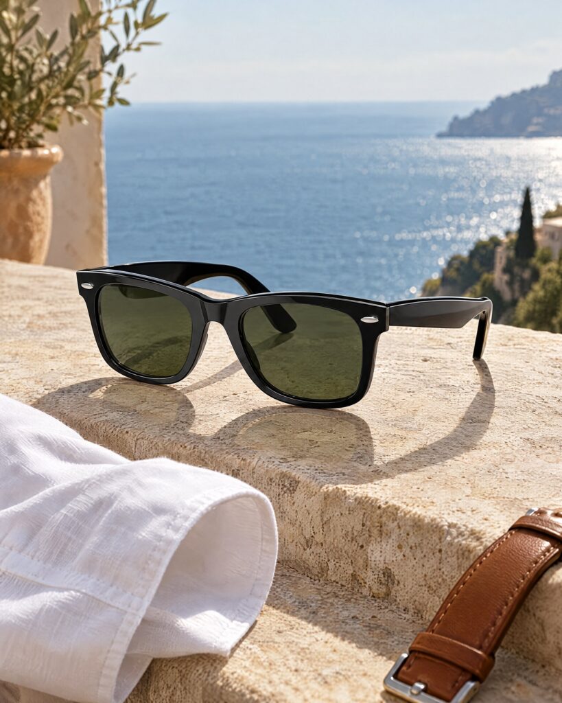 Black Wayfarer sunglasses on a sunlit terrace ledge by the sea