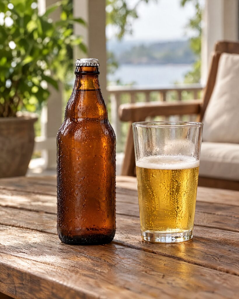 Cold brown bottle and a glass of pale lager on a teak veranda table, a Red Stripe lager moment