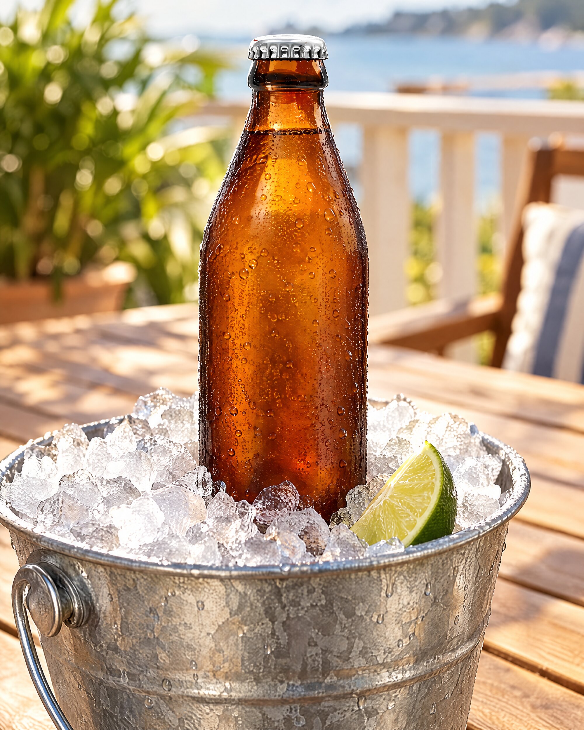 Short brown beer bottle in ice on a veranda table, in the spirit of Red Stripe beer
