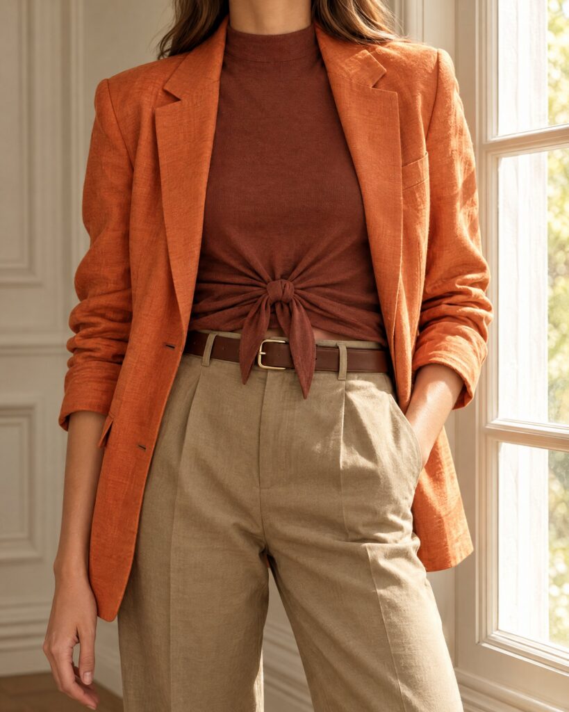 Woman in a chestnut sleeveless jersey top with the tie at the front under an orange blazer, face out of frame