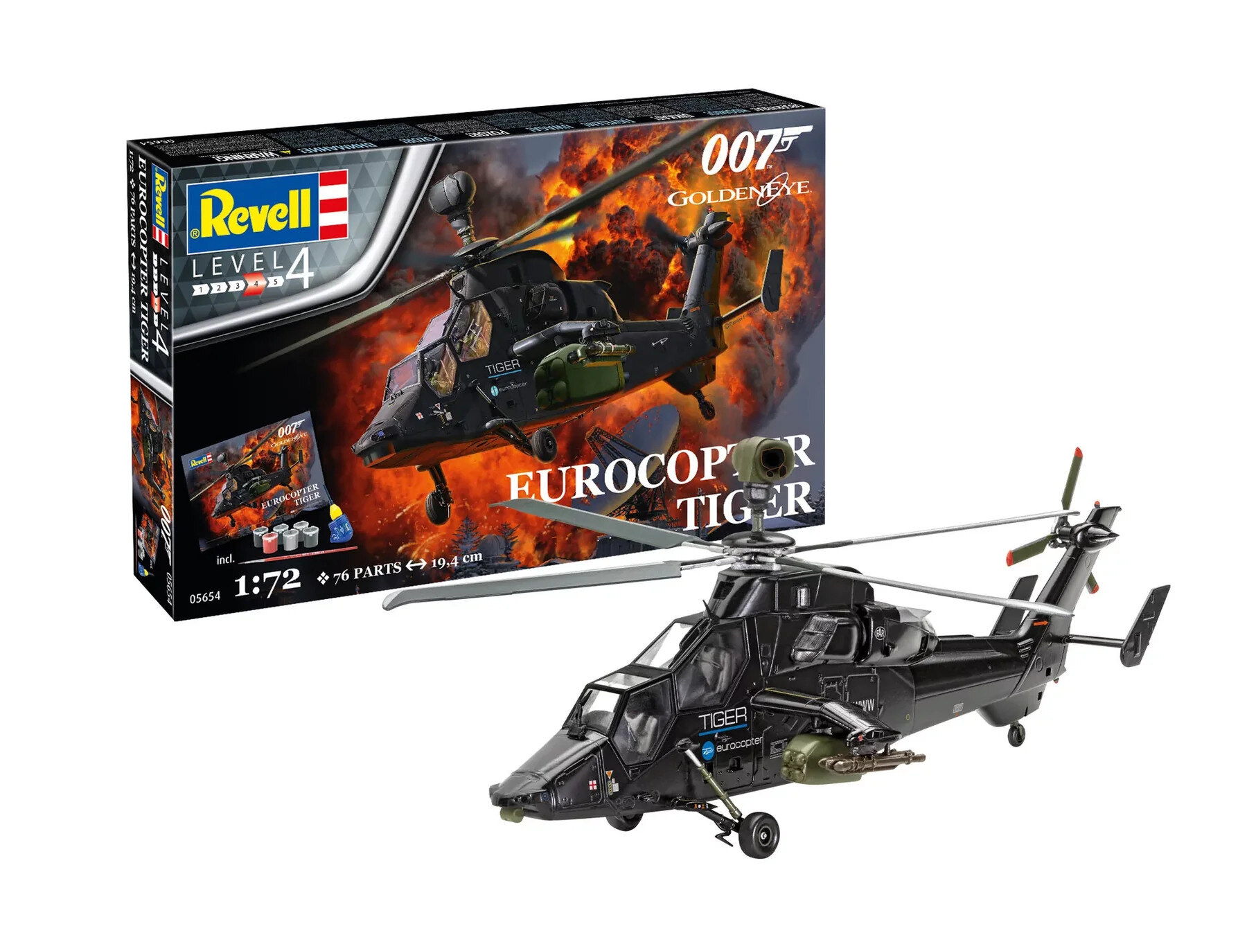 Partly built 1:72 Eurocopter Tiger model kit on a workbench with brush and paints