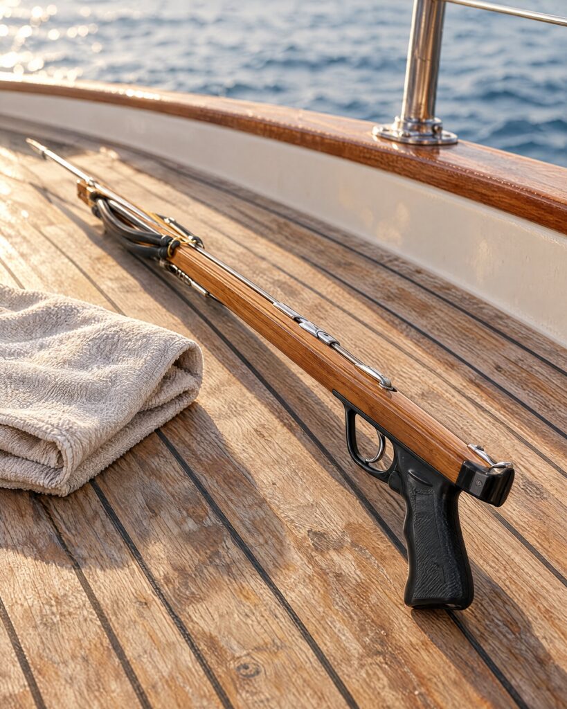 Riffe Euro E-55 speargun in laminated teak resting on a weathered boat deck
