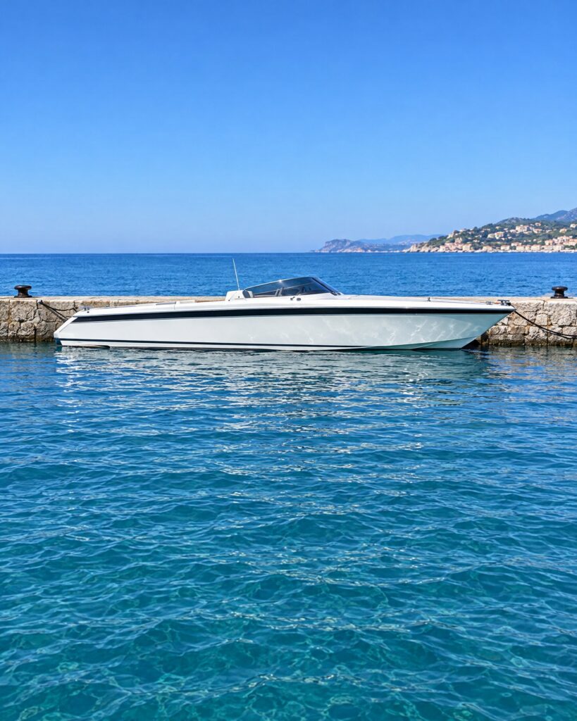 Monte Carlo 30 Offshorer style white open powerboat moored at a stone quay