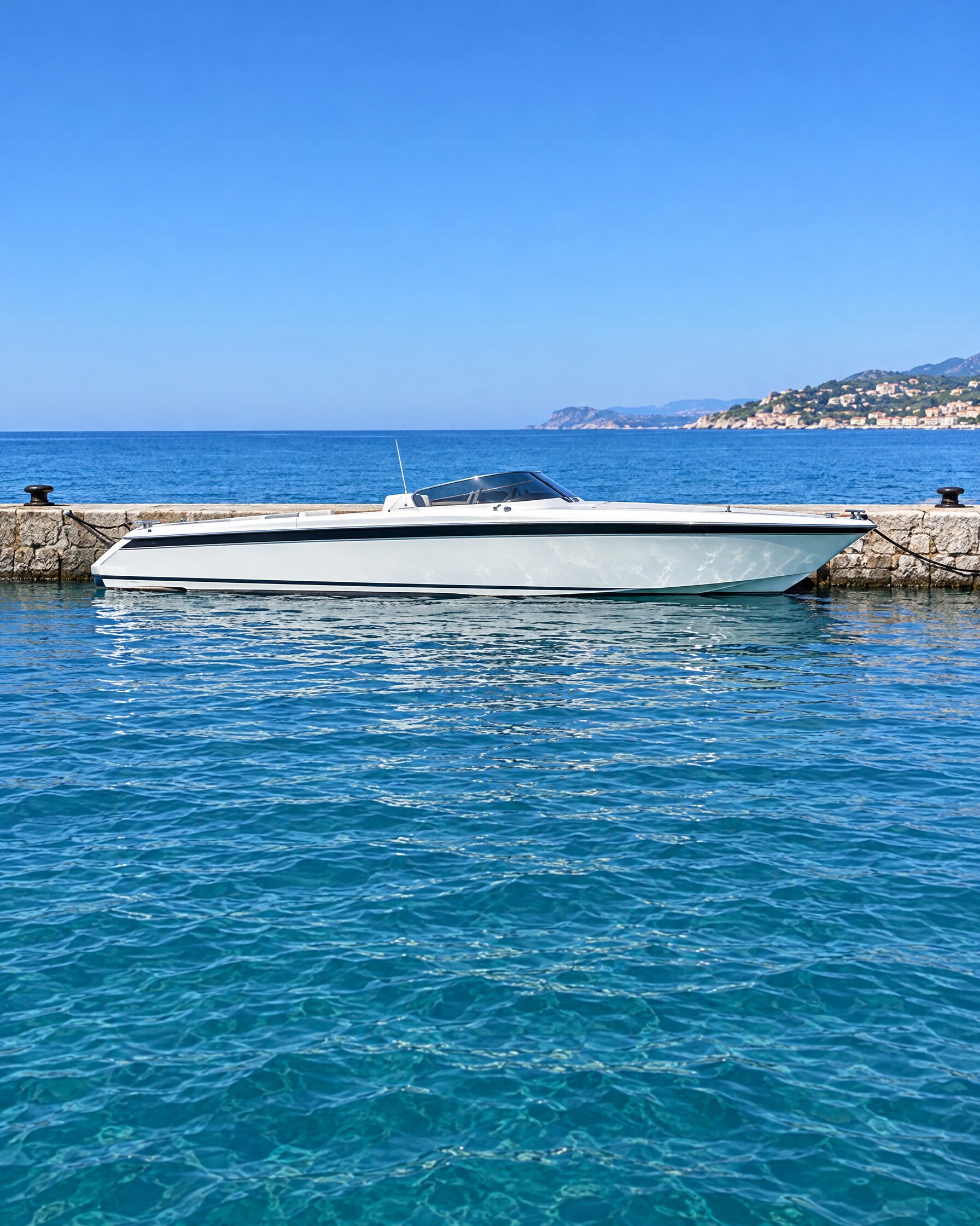 Monte Carlo 30 Offshorer style white open powerboat moored at a stone quay