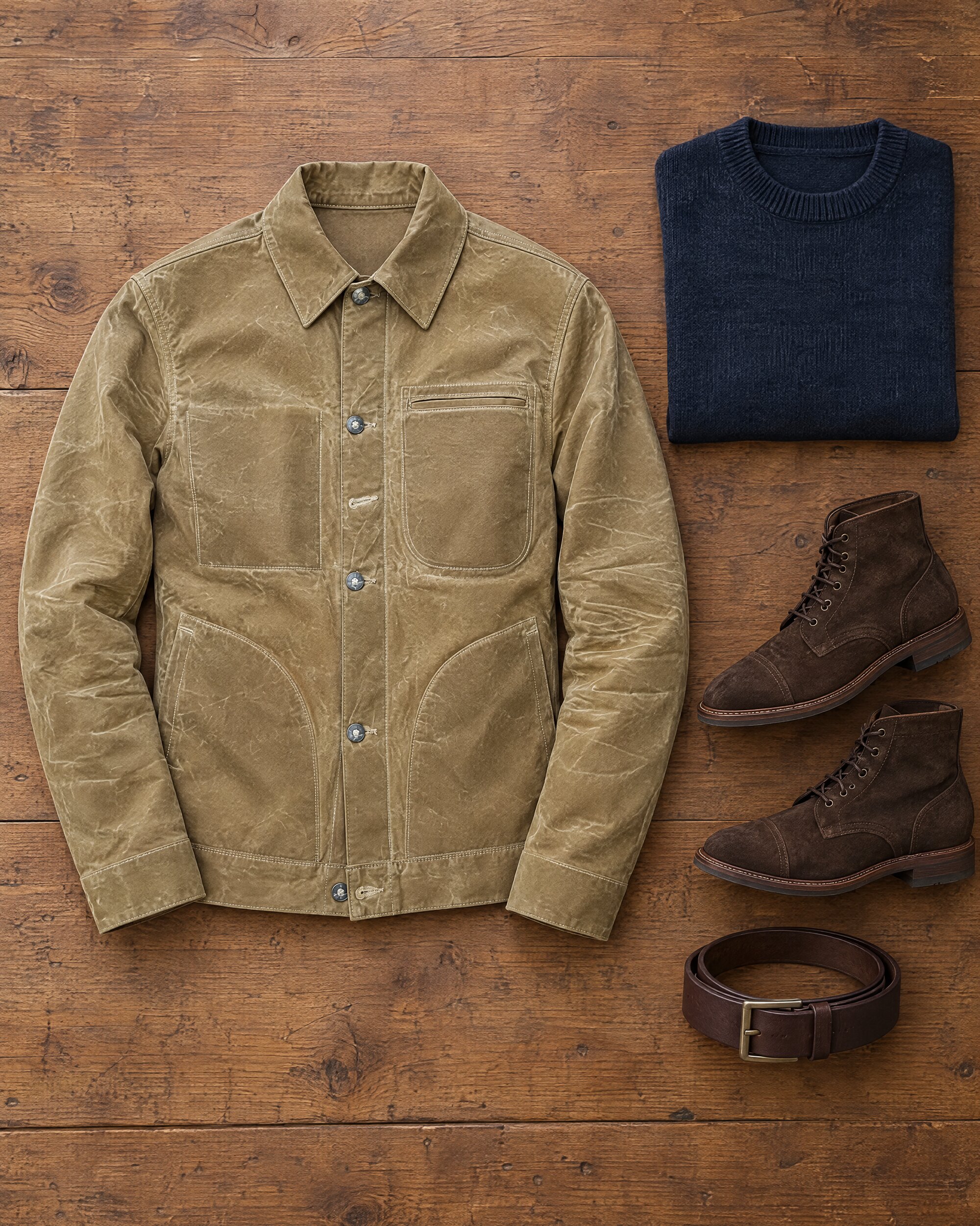 Rogue Territory Ridgeline Supply Jacket in tan waxed canvas laid flat with a navy sweater and suede boots