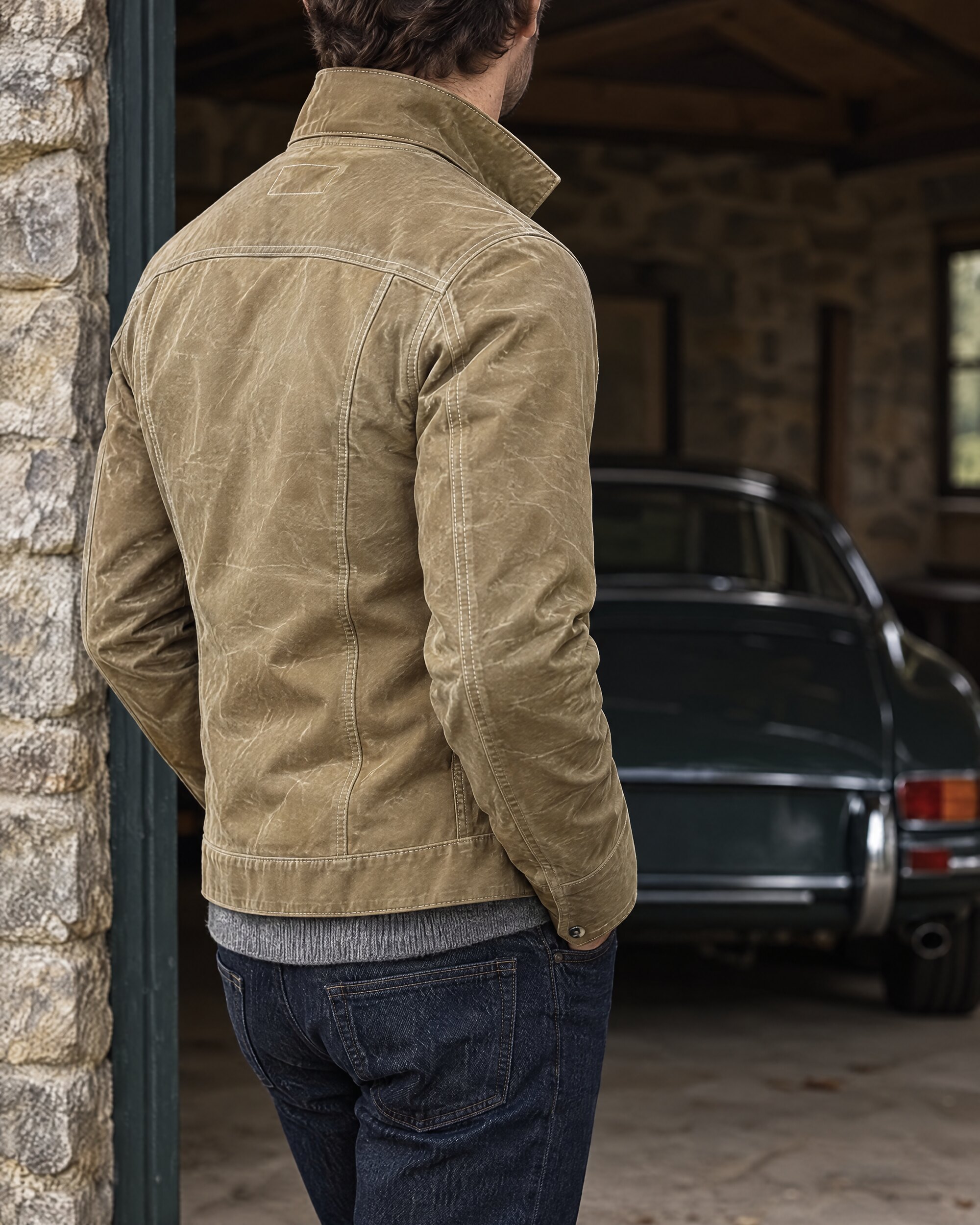 Man in a tan waxed canvas jacket with the collar up, seen from behind in a stone garage doorway