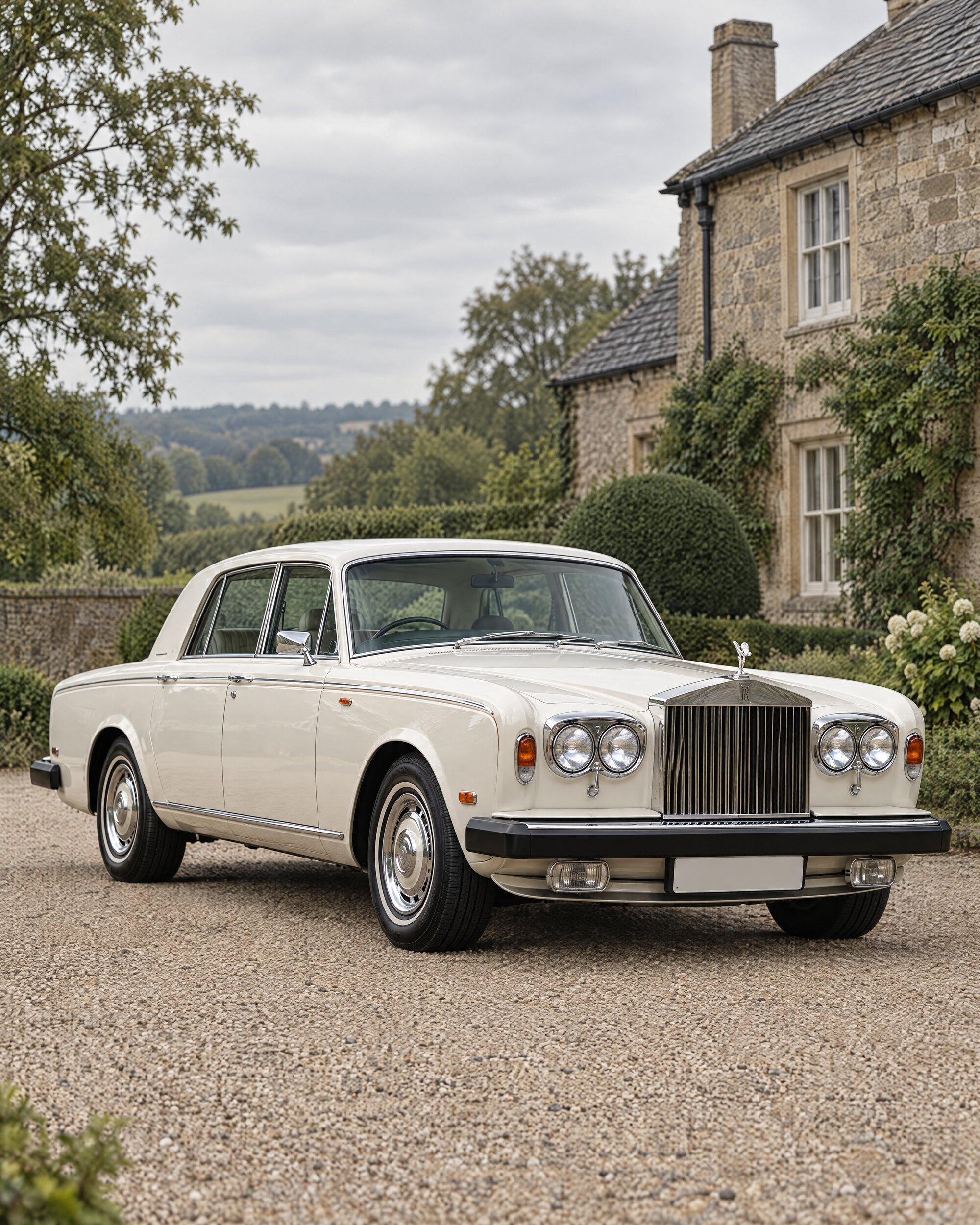 White Rolls-Royce Silver Shadow II parked on gravel