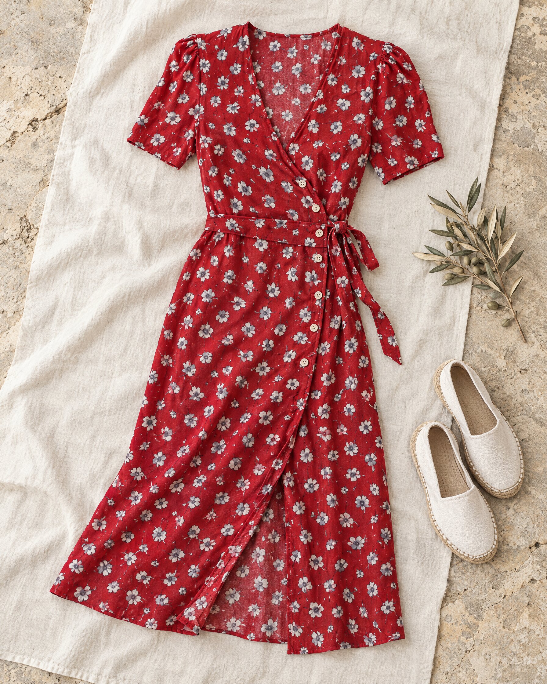Red and white floral Rouje Gabin dress laid flat with white espadrilles on limestone