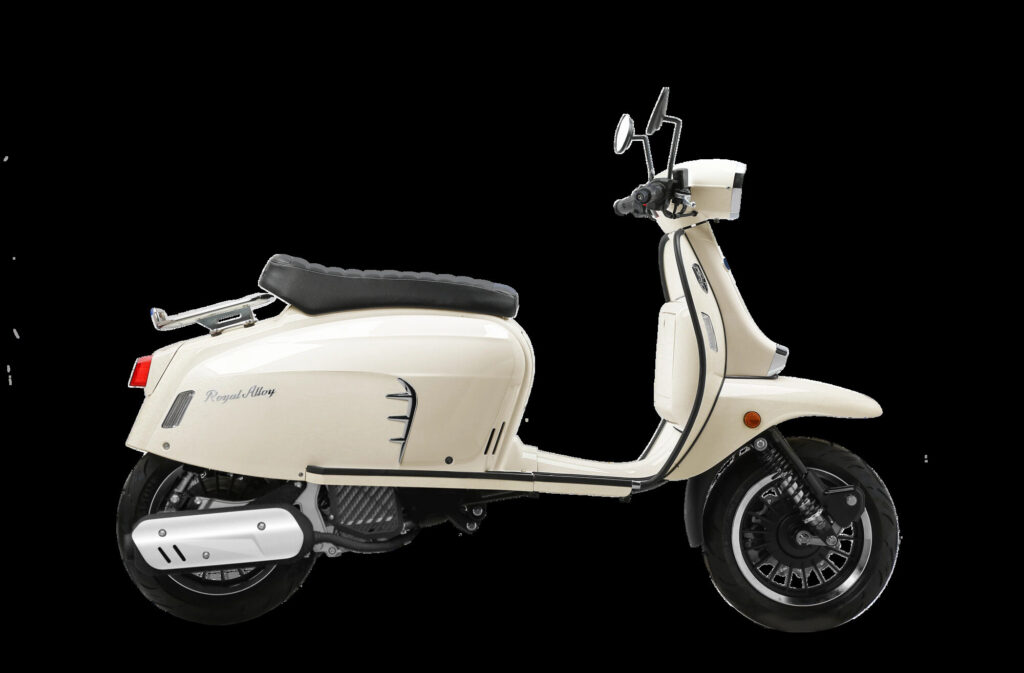 Royal Alloy GT125 scooter parked on a sunlit whitewashed street, in the spirit of Nomi's scooter in No Time To Die