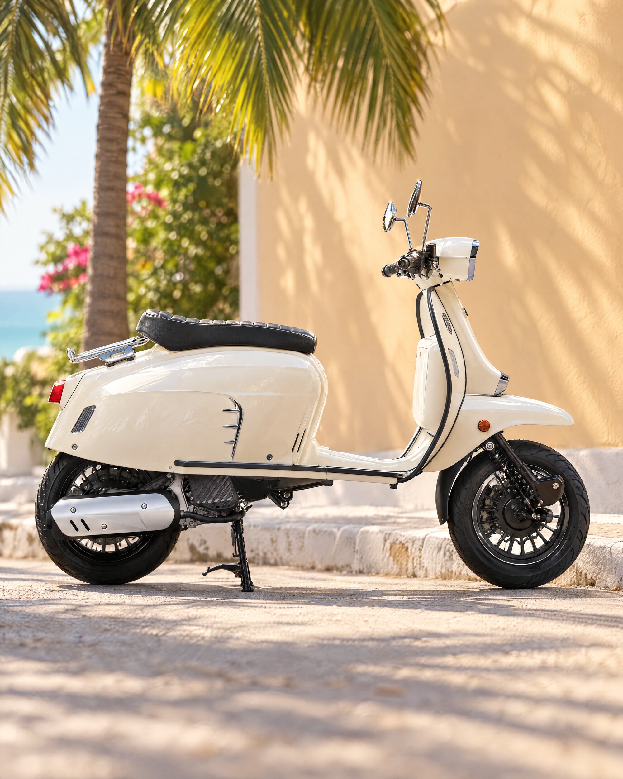 Royal Alloy GT125 scooter parked on a sunlit whitewashed street, in the spirit of Nomi's scooter in No Time To Die