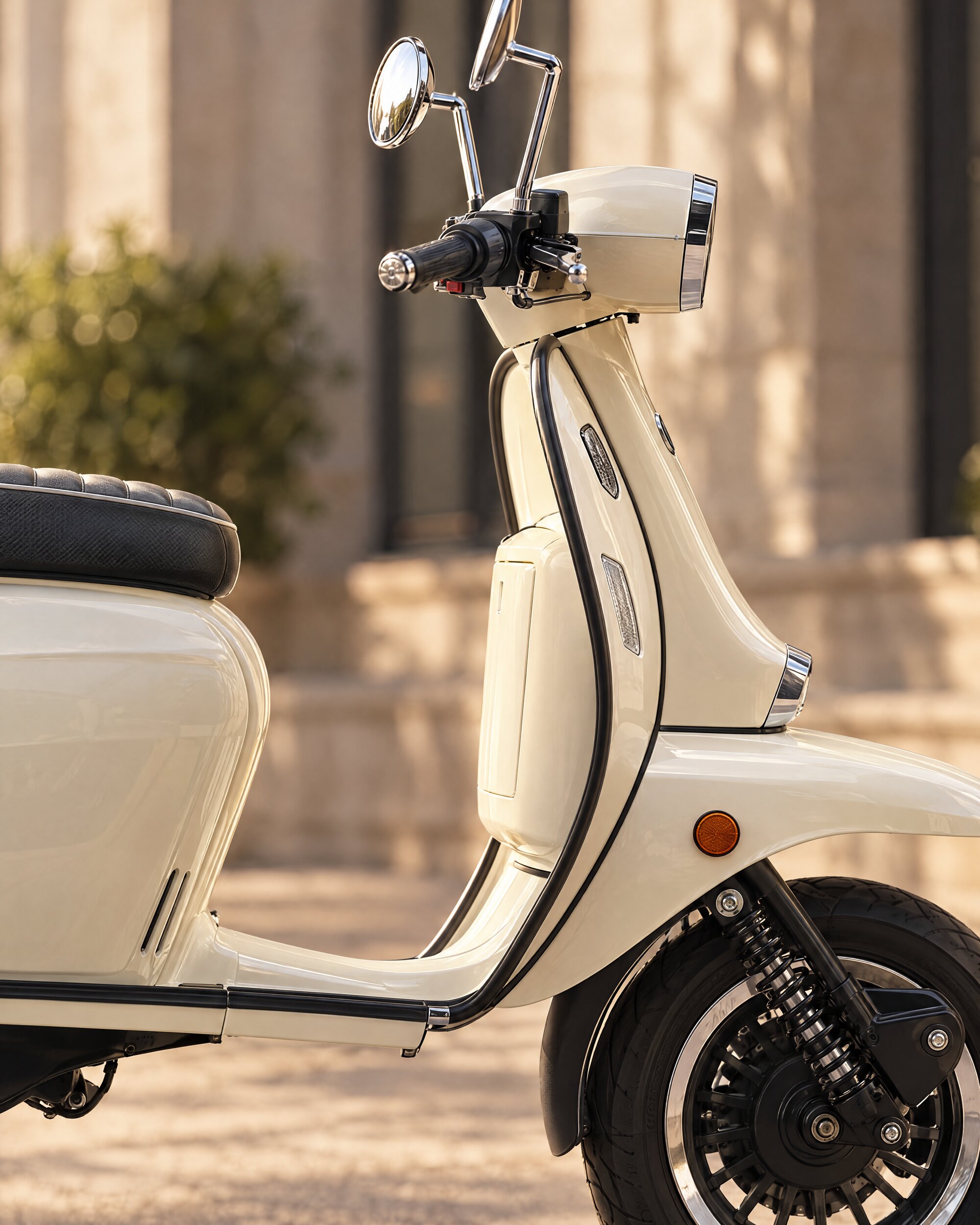 Close detail of the rounded leg shield and chrome mirror on a retro Royal Alloy 125 scooter